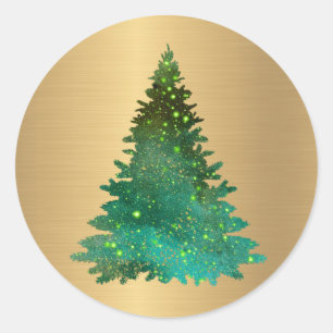 Trendy Gold Green Glitter Tree Christmas Classic Round Sticker