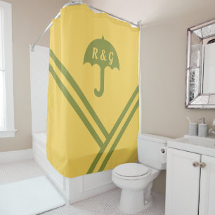 Trendy Gold Green Stripes Umbrella Initials Shower Curtain