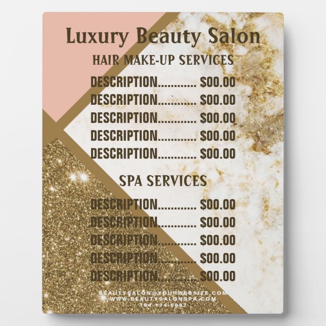 Trendy Gold Marble Glittery Hair SPA Salon Price Plaque (Front)