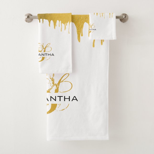 Trendy Gold Metallic Drips Monogram  Bath Towel Set (Insitu)