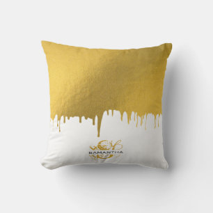 Trendy Gold Metallic Drips Monogram Cushion