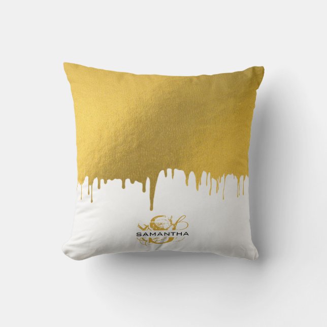Trendy Gold Metallic Drips Monogram Cushion (Front)
