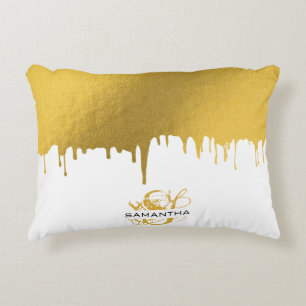 Trendy Gold Metallic Drips Monogram Decorative Cushion
