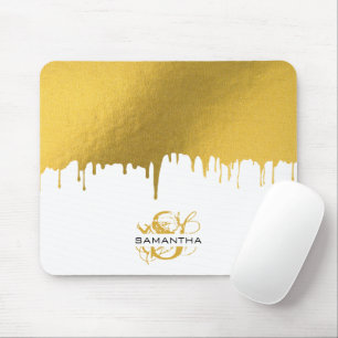 Trendy Gold Metallic Drips Monogram Mouse Pad