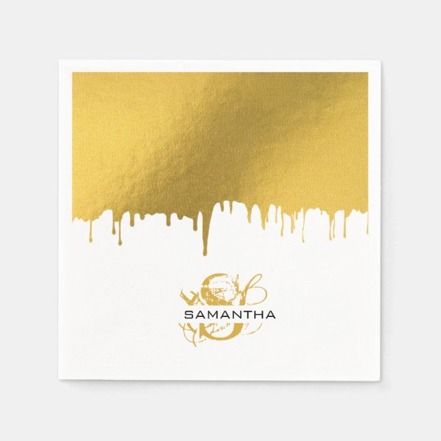 Trendy Gold Metallic Drips Monogram Napkin (Front)