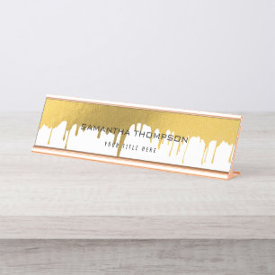 Trendy Gold Metallic Drips Script Custom Desk Name Plate