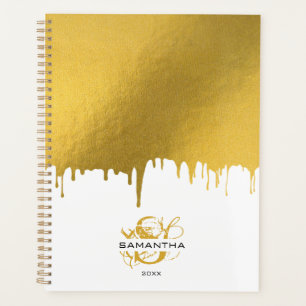 Trendy Gold Metallic Drips Script Monogram Planner