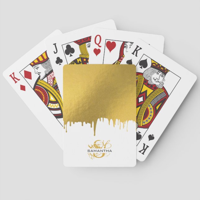 Trendy Gold Metallic Drips Script Monogram Playing Cards (Back)