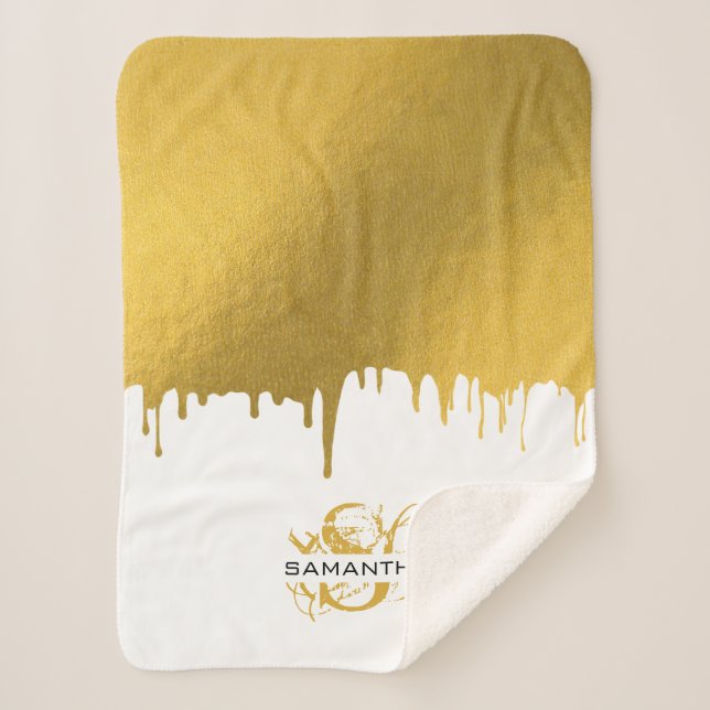 Trendy Gold Metallic Drips Script Monogram Sherpa Blanket (Front)