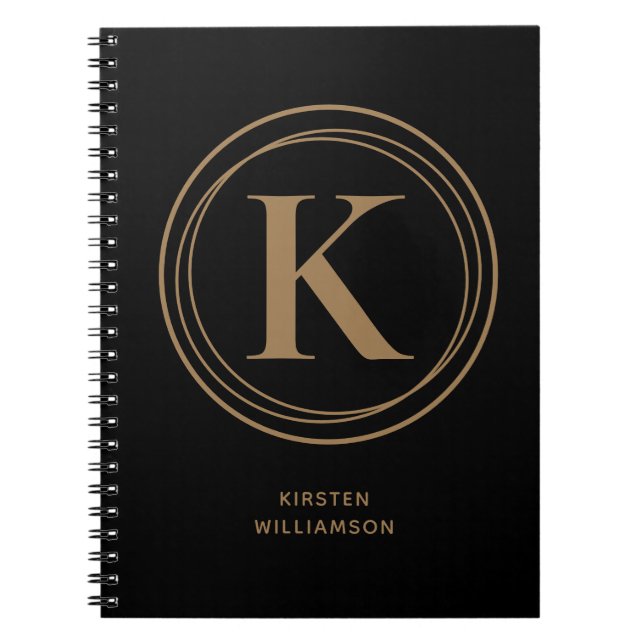 Trendy Gold Monogram Name Black Notebook (Front)