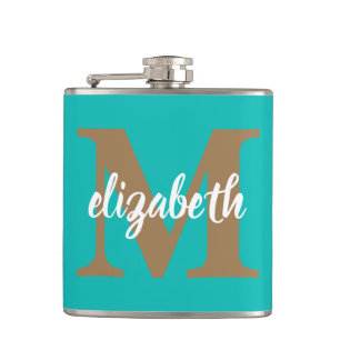 Trendy Gold Monogram Script Name on Turquoise Hip Flask
