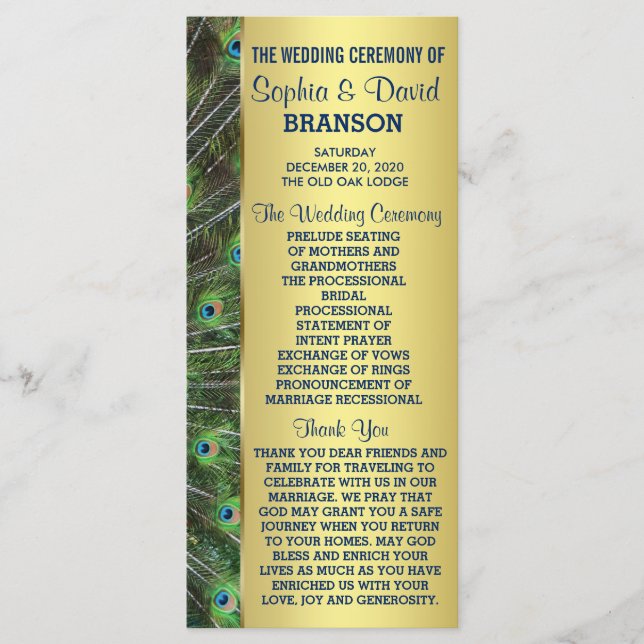 Trendy Gold Peacock Wedding Custom Program (Front)
