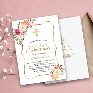 Trendy Gold Pink Floral Baptism First Birthday Invitation
