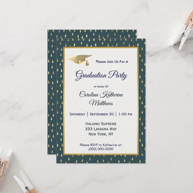 Trendy Gold Raindrops Slate Grey Graduation  Invitation (Front/Back In Situ)