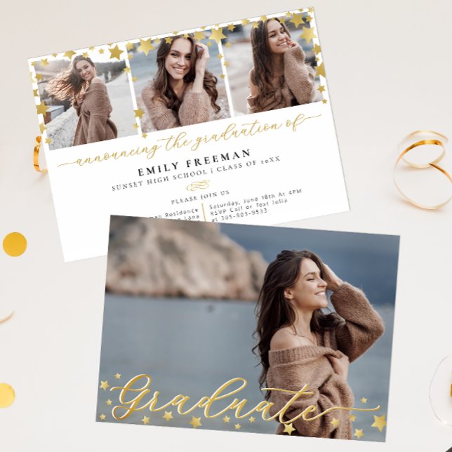 Trendy Gold Star 4-Photo Graduation Party  Invitation (Graduation Party Invitation)