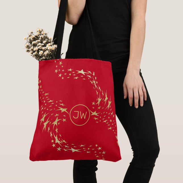 Trendy Gold Stars Monogrammed Tote Bag (Close Up)