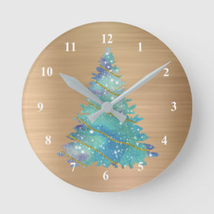 Trendy Gold Teal Glitter Tree Christmas Round Clock