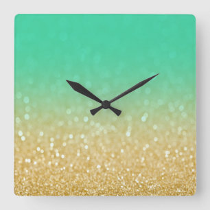 Trendy Gold Teal Ombre Glitter Wall Clock