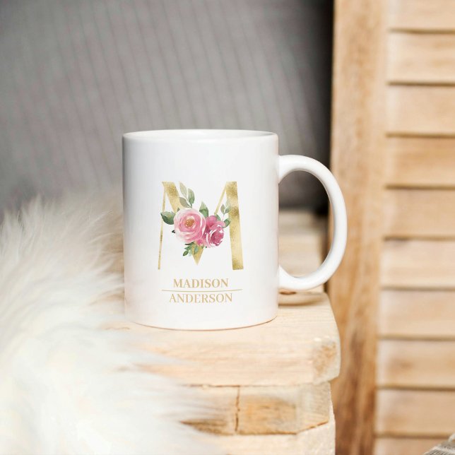  Trendy Gold Watercolor Flower Letter M | Monogram Coffee Mug (Creator Uploaded)