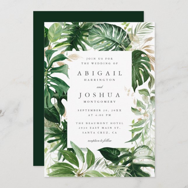 Trendy Gold & Watercolor Tropical Greenery Wedding Invitation (Front/Back)