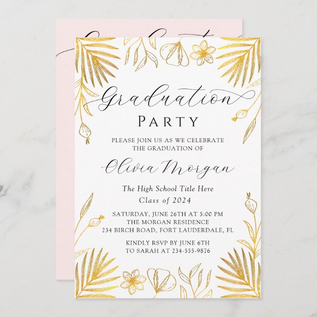 Trendy Golden Floral Script Graduation Party Photo Invitation (Front/Back)