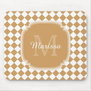 Trendy Golden Yellow Checked Monogrammed Name Mouse Pad