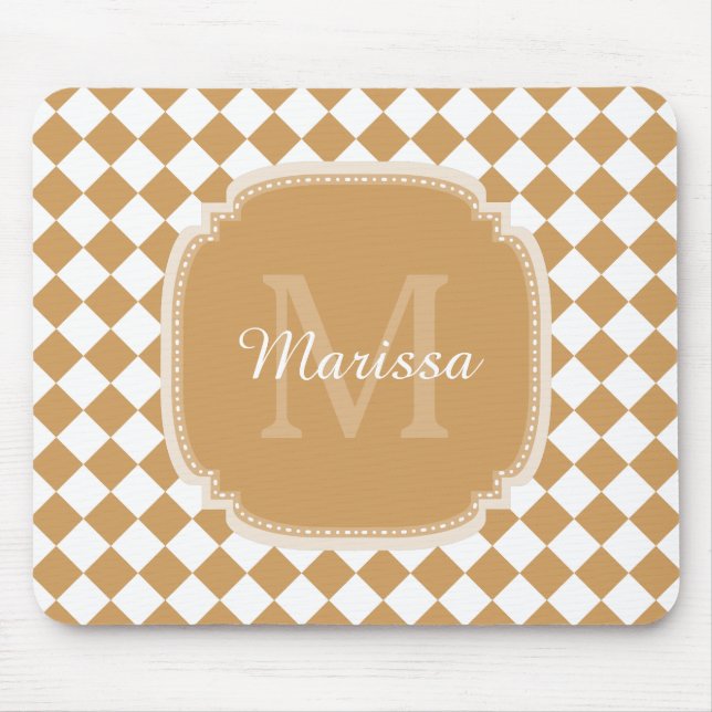 Trendy Golden Yellow Checked Monogrammed Name Mouse Pad (Front)