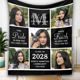 Trendy Graduate 5 Photo Collage Black Graduation Fleece Blanket