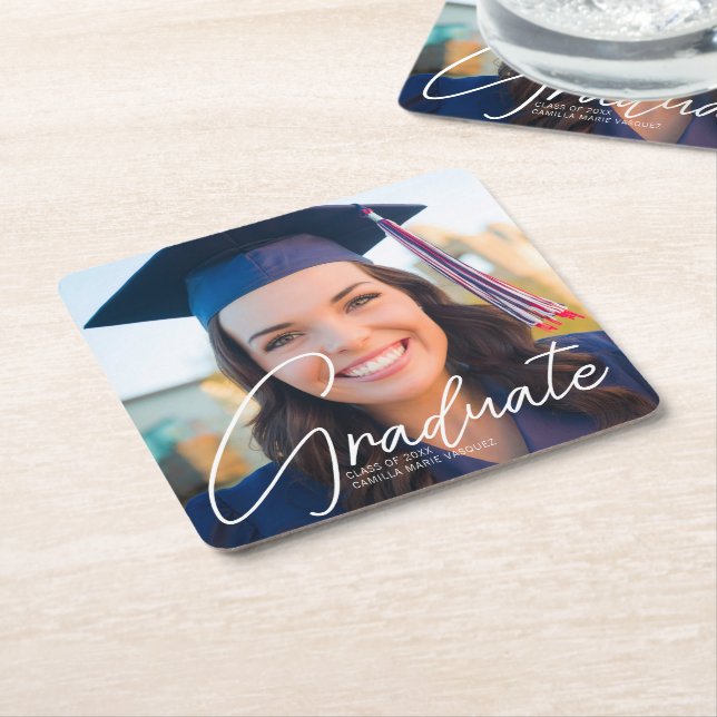 Trendy Graduate Photo Custom Graduation Party Square Paper Coaster (Angled)