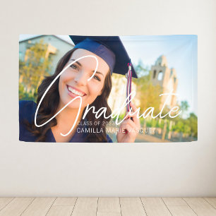 Trendy Graduate Photo White Text Graduation Party Banner