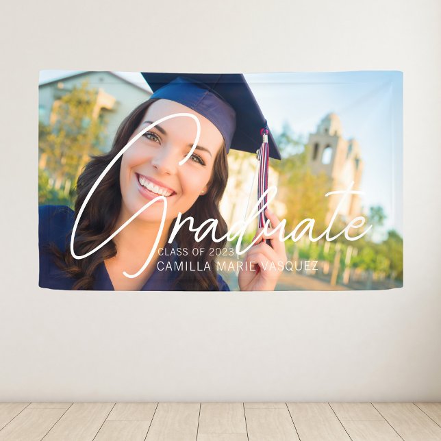 Trendy Graduate Photo White Text Graduation Party Banner (Creator Uploaded)