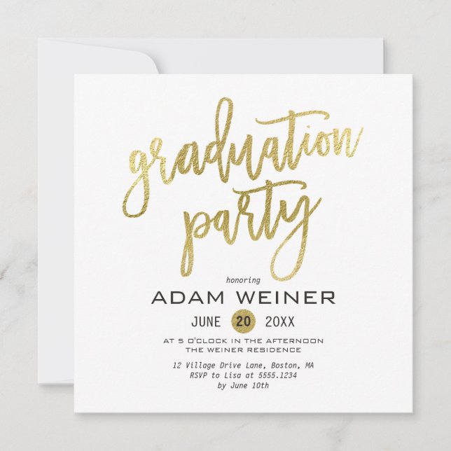 Trendy Graduation Party Invitation Faux Gold (Front)