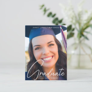 Trendy Graduation Photo White Script Overlay Postcard