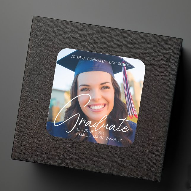 Trendy Graduation Photo White Script Overlay Square Sticker (Creator Uploaded)