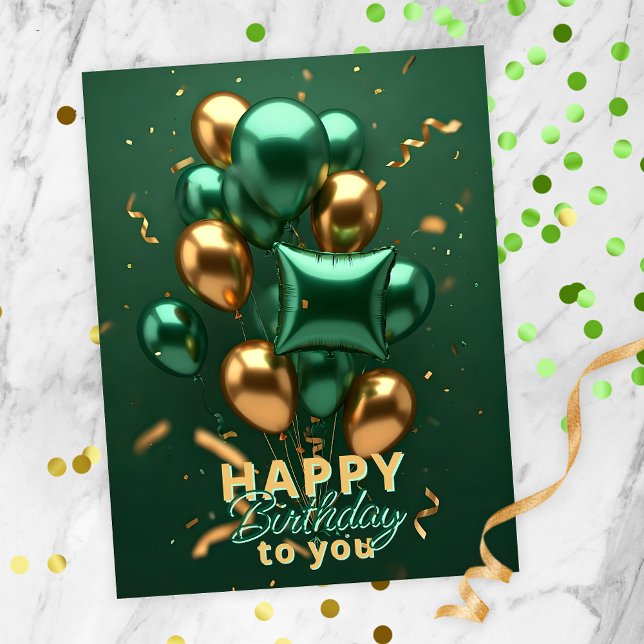 Trendy Green and Gold Balloon Birthday Celebration Postcard (Creator Uploaded)