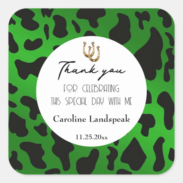 Trendy Green Black Cow Spots Thank You Square Sticker (Front)