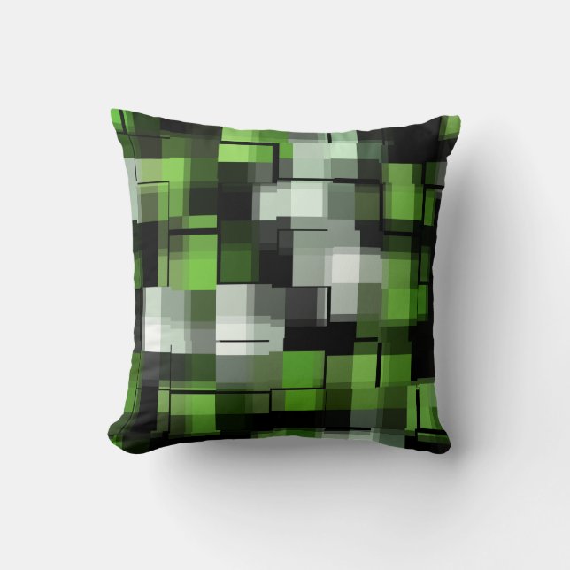 Trendy Green Black White Abstract Plaid Cushion (Front)