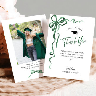 Trendy Green Bow Coquette PHOTO Graduation Thank You Card