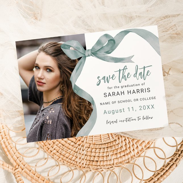 Trendy Green Bow Photo Graduation Save The Date (Creator Uploaded)