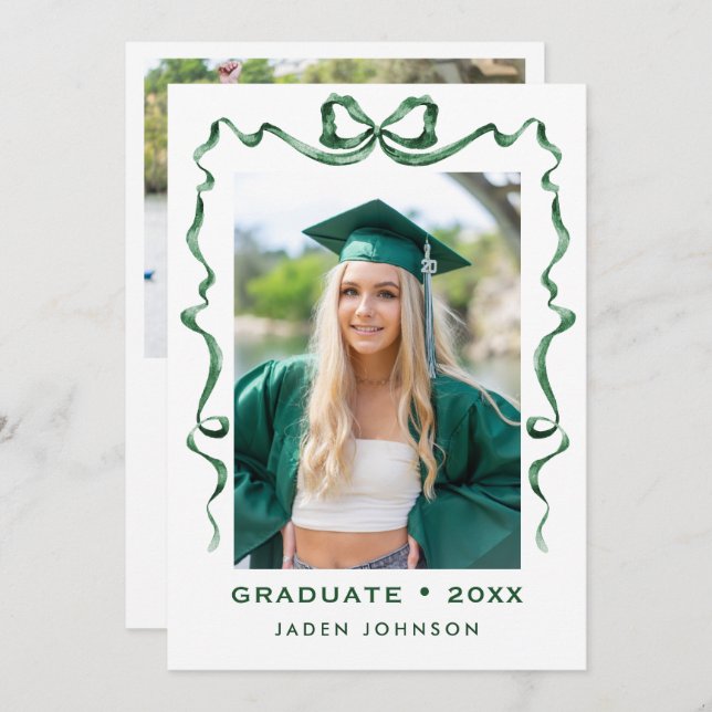 Trendy Green Bow Ribbon 2 PHOTO Graduation Party I Invitation (Front/Back)