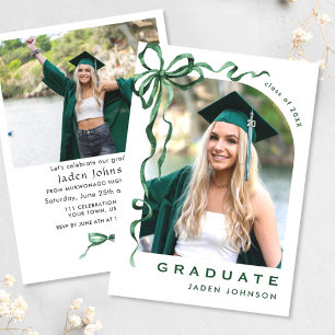 Trendy Green Bow Ribbon 2 PHOTO Graduation Party Invitation