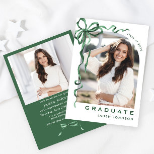 Trendy Green Bow Ribbon 2 PHOTO Graduation Party Invitation