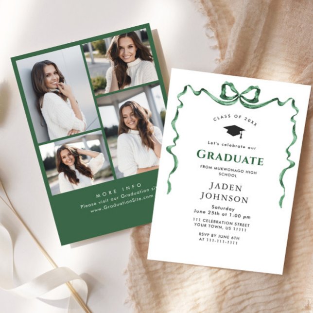 Trendy Green Bow Ribbon 4 PHOTO Graduation Party Invitation (Creator Uploaded)