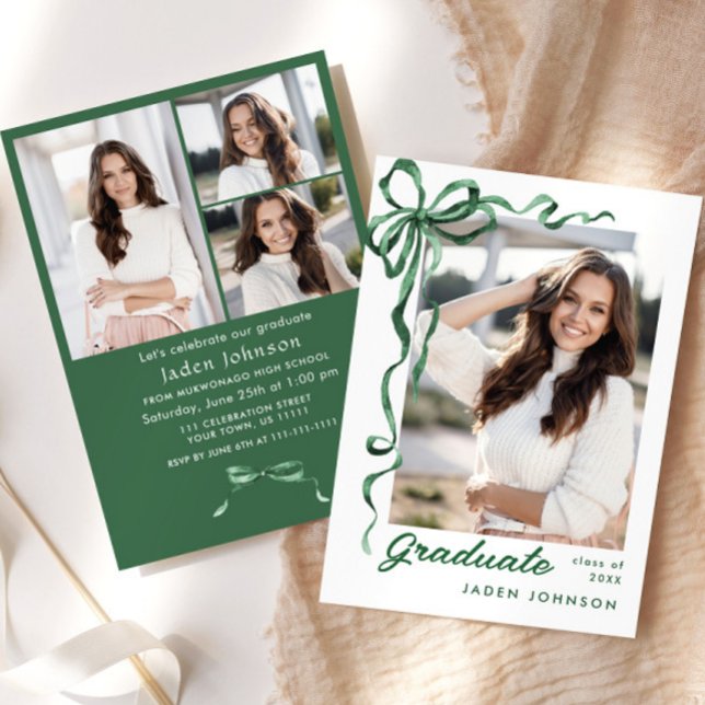 Trendy Green Bow Ribbon 4 PHOTO Graduation Party Invitation (Creator Uploaded)
