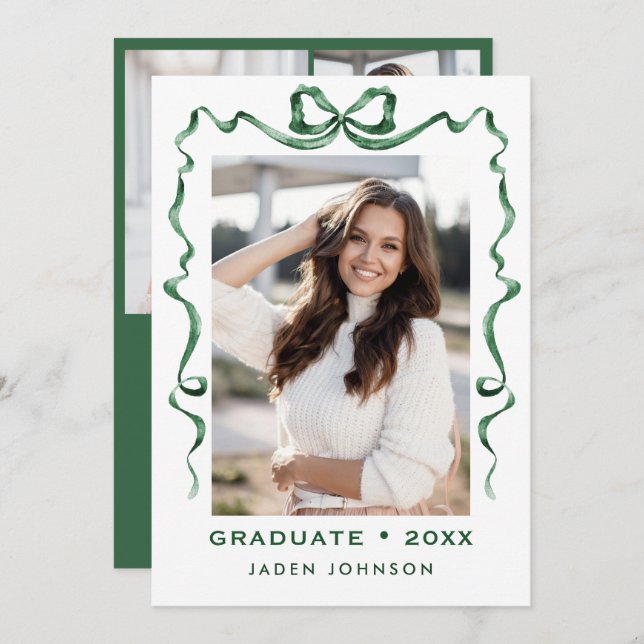 Trendy Green Bow Ribbon 4 PHOTO Graduation Party Invitation (Front/Back)