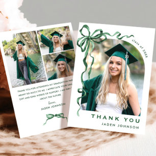 Trendy Green Bow Ribbon 4 PHOTO Graduation Thank You Card