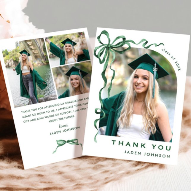 Trendy Green Bow Ribbon 4 PHOTO Graduation Thank You Card (Creator Uploaded)