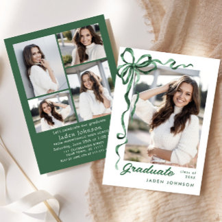 Trendy Green Bow Ribbon 5 PHOTO Graduation Party Invitation