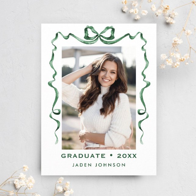 Trendy Green Bow Ribbon PHOTO Graduation Party Postcard (Creator Uploaded)