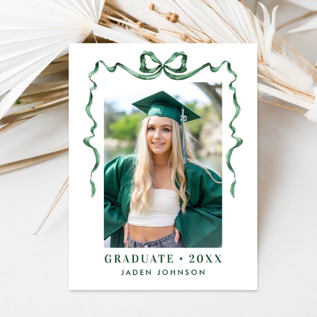 Trendy Green Bow Ribbon PHOTO Graduation Party Postcard (Creator Uploaded)